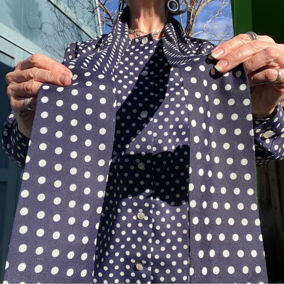 Vintage blue and white polka dot dress, long sleeve, bow at neck, buttons, M/L - Picture 5 of 13